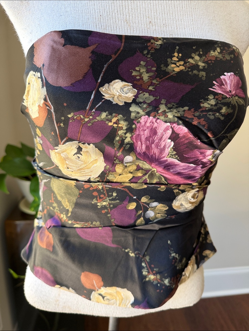 Kay Unger Black Floral Strapless Camisole with Purple, Cream & Yellow Flowers